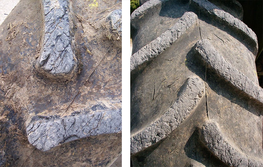 Use of agricultural tyres on too hard a surface